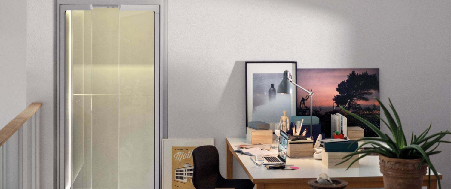 glass door in a room with a desk